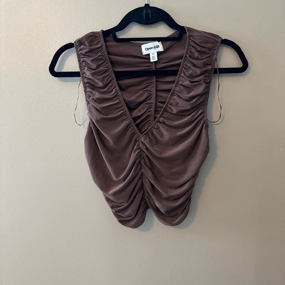 Open Edit Brown Ruched Women's Top